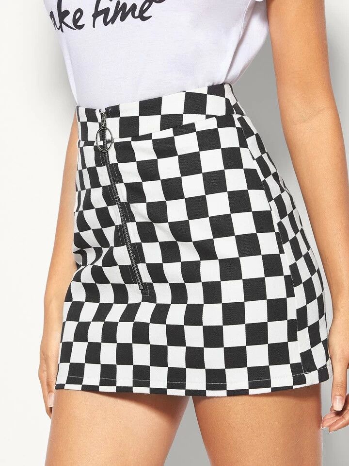 SHEIN Coolane O-Ring Zip Fly Checkered Skirt | SHEIN