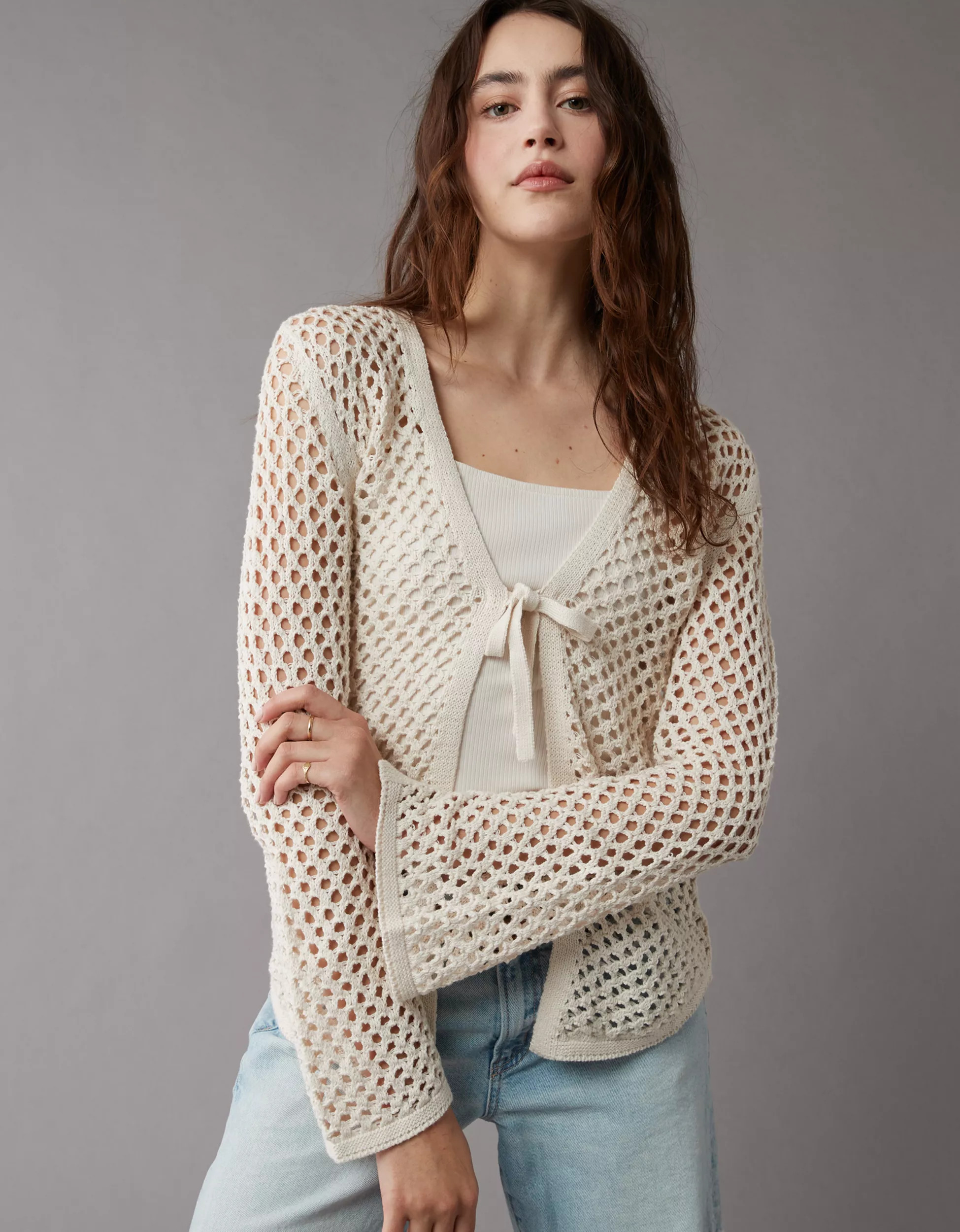 AE Tie-Front Crochet Cardigan | American Eagle Outfitters (US & CA)