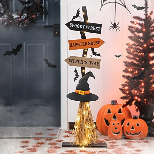 Glitzhome 42" H Wooden Witch's Broom Porch Decor, Farmhouse Halloween Yard Sign Rustic Style Directional Porch Sign for Home Halloween Party Decor | Amazon (US)