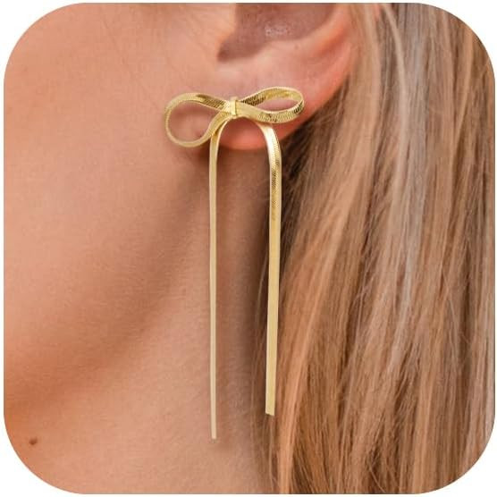 Bow Earrings for Women, 18K Gold Plated Bow Stud Earrings Bow Dangle Drop Earrings Ribbon Earring... | Amazon (US)