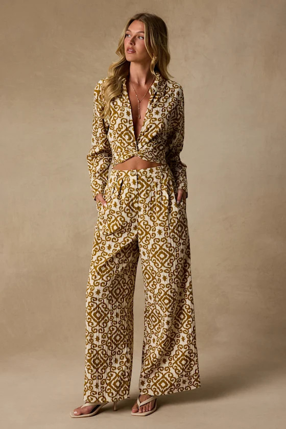 Cove Ivory and Tan Boho Print Wide-Leg Trousers | Lulus