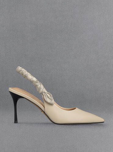 Leather Ruched Print Slingback Pumps
 - Chalk | Charles & Keith UK