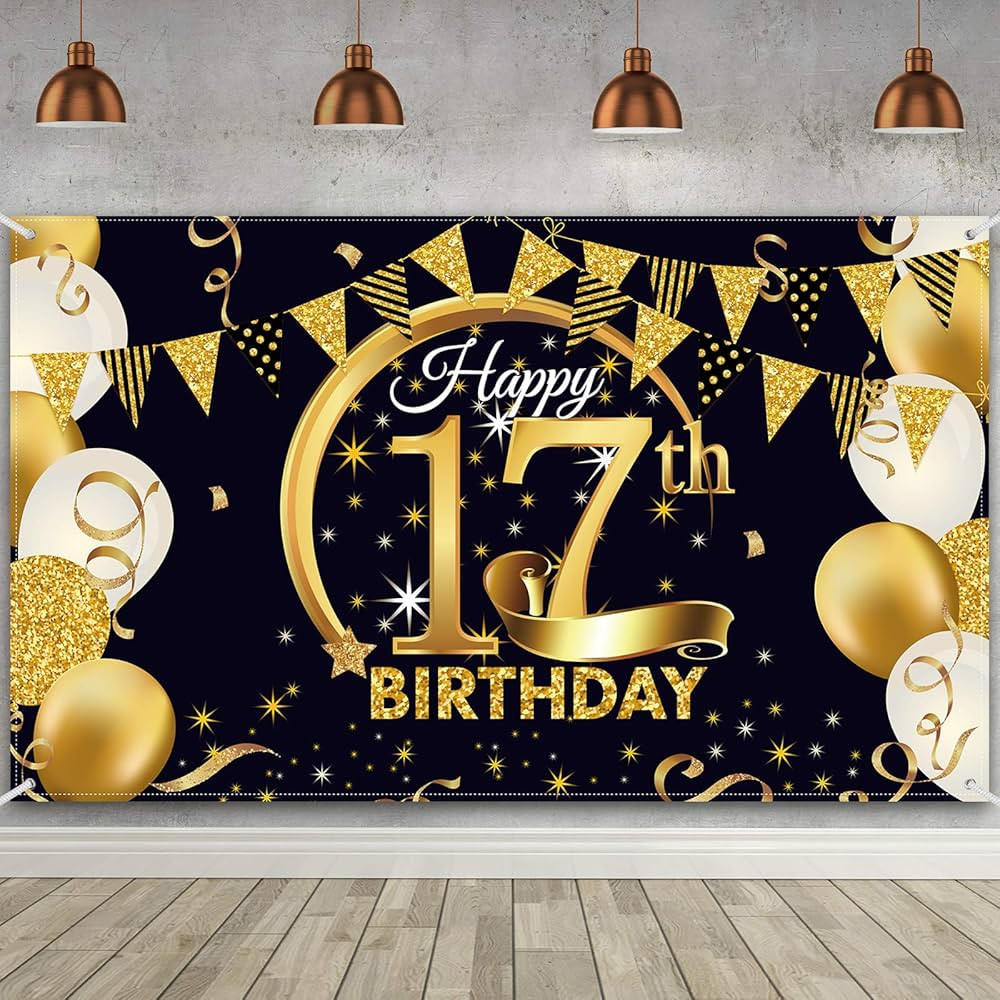 17th Birthday Party Decoration, Extra Large Fabric Black Gold Sign Poster for 17th Anniversary Ph... | Amazon (US)