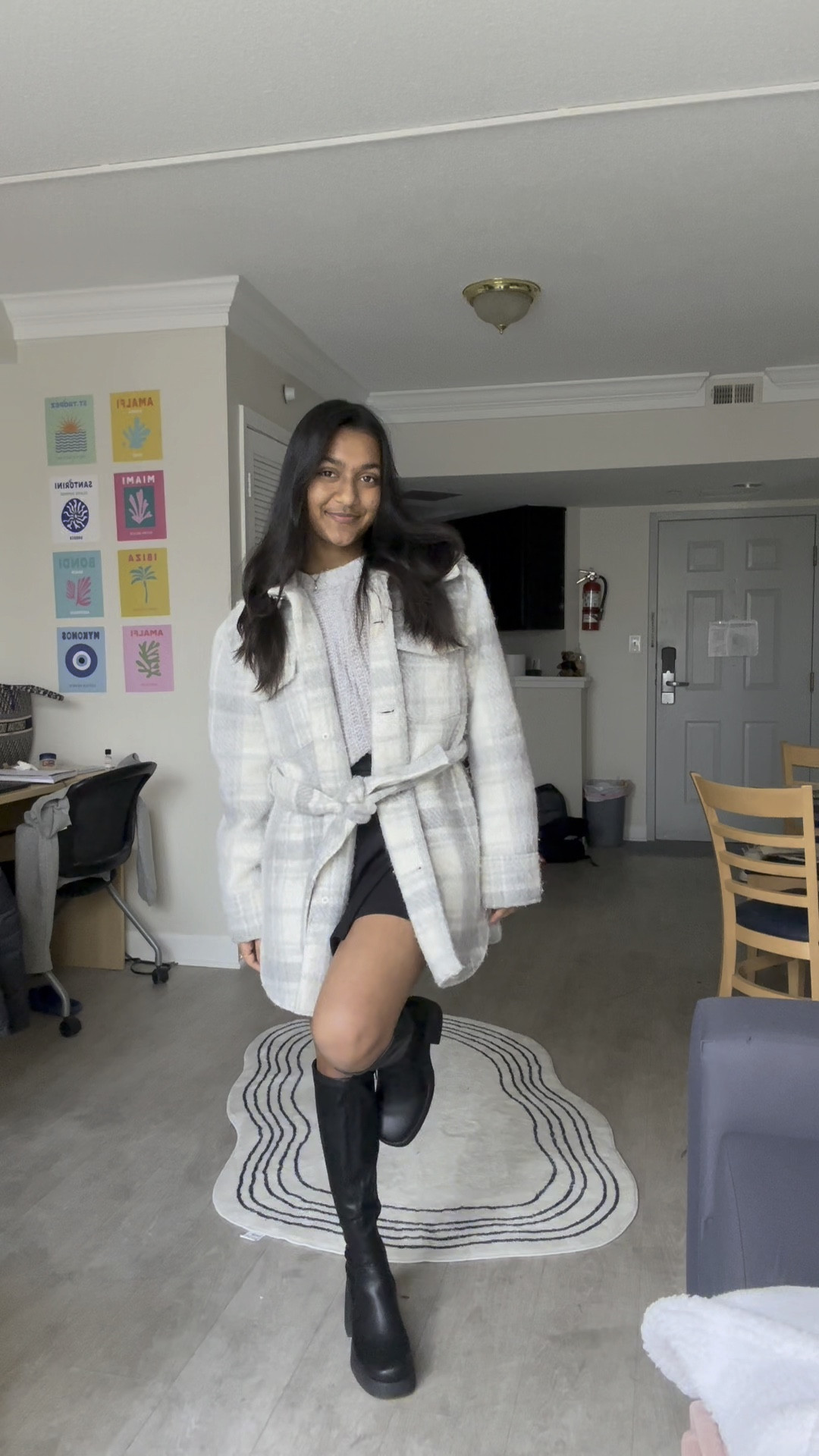 OOTD! outfit of the day! black knee high Steve Madden boots, winter coat, tahari plaid coat, grey sweater, knit sweater, black mini skirt, closet staple, winter outfit, hairstyles for long hair

#LTKshoecrush #LTKfindsunder100 #LTKVideo