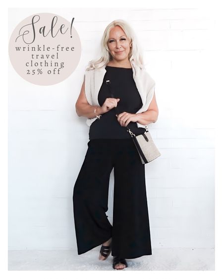 Wrinkle free travel clothing is 25% off! I am wearing the Palazzo pants in a regular size 0.

#LTKTravel #LTKOver40 #LTKSaleAlert