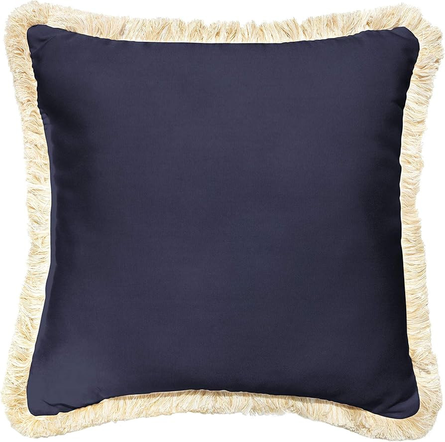 Sorra Home x Sunbrella Trim Fringe Pillow, 18 x 18 x 6 inches, Canvas Navy/Tan and White | Amazon (US)