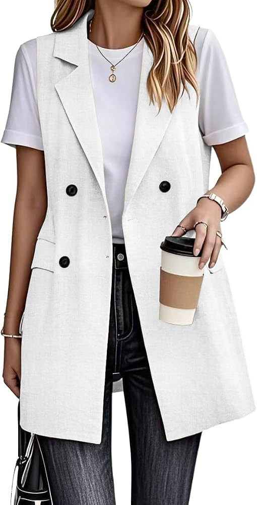 IDEALSANXUN Womens Long Linen Vest Dressy Sleeveless Blazer Jackets Outerwear Tops | Amazon (US)