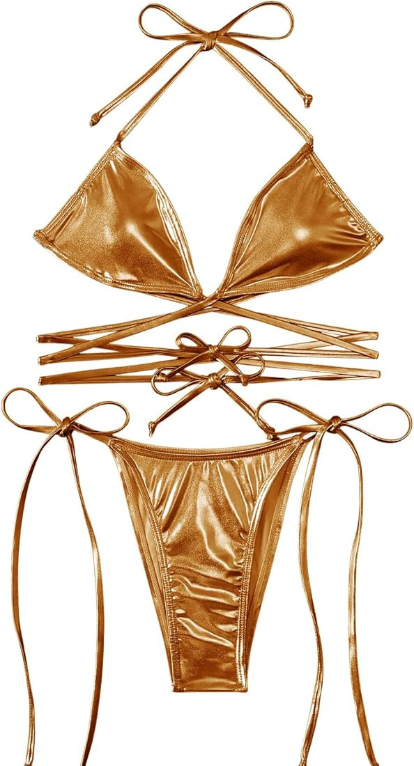 SweatyRocks Women's Metallic Halter Top Two Piece Swimsuit Lace Up Triangle Bikini Bathing Suit | Amazon (US)