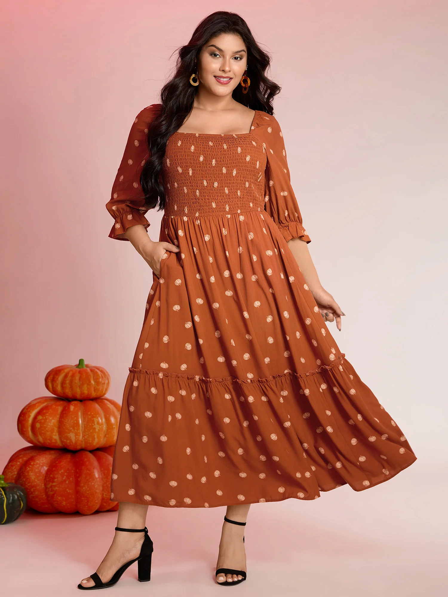 Polka Dots Shirred Bodice Pockets Maxi Dress | Bloomchic