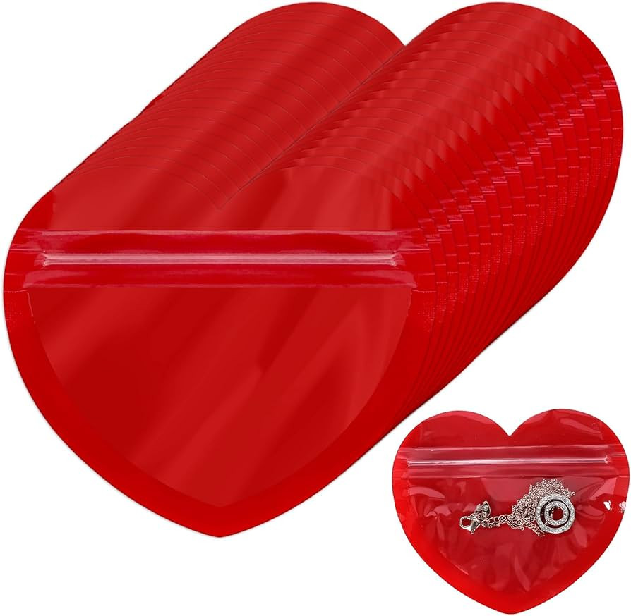 JarThenaAMCS 100Pcs Heart-Shaped Jewelry Bags Red Heart Clear Zip Lock Resealable Baggies Cute Mi... | Amazon (US)