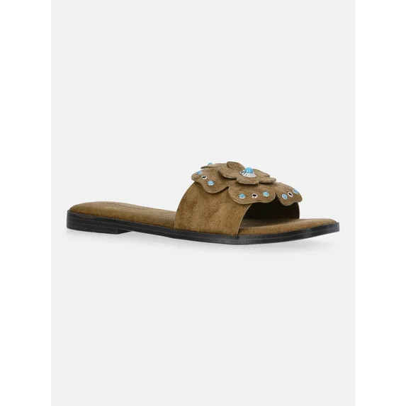 No Boundaries Studded Faux Suede Flower Slide Sandals, Women's | Walmart (US)