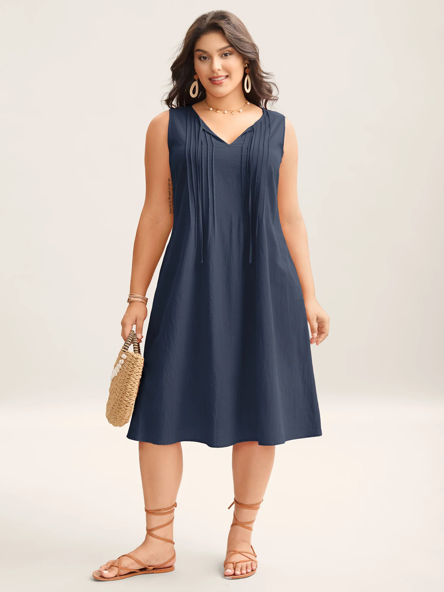 Cotton Toothpick Pleat Plain Midi Dress | Bloomchic