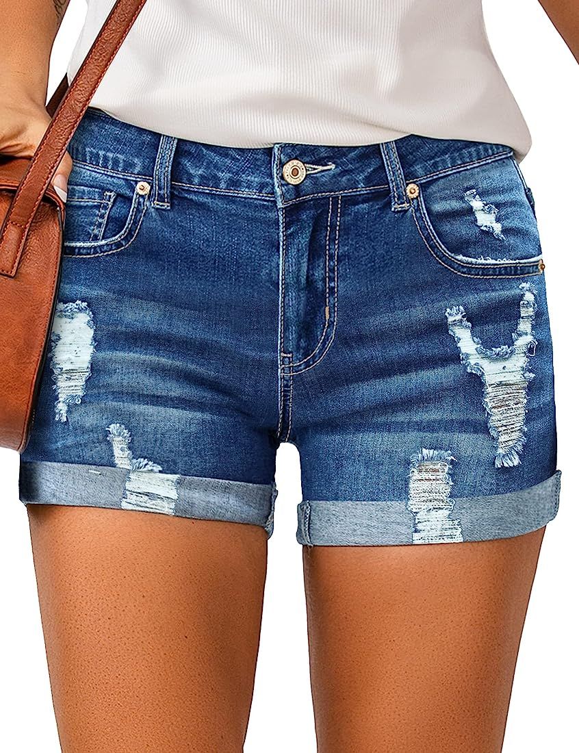 LookbookStore Women's High Waisted Rolled Hem Distressed Jeans Ripped Denim Shorts | Amazon (US)