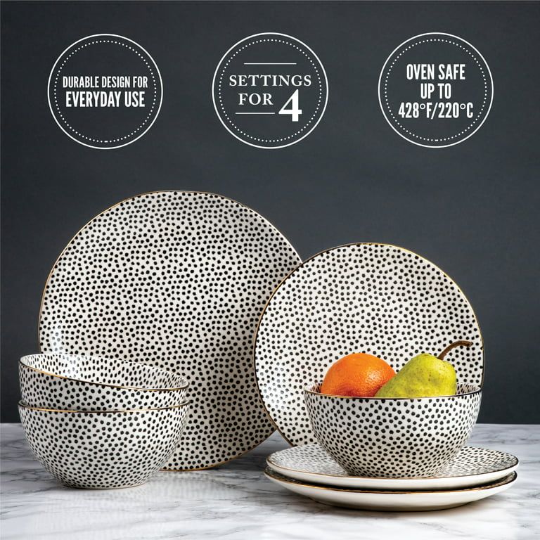 Thyme & Table Dinnerware Black & White Dot Stoneware, 12-Piece Set | Walmart (US)
