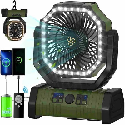 20000mAh Rechargeable Oscillating Camping Fan with Dimmable LED Light, Battery Powered Portable Cordless USB Desk Fan with Remote Control, Timer Funct | Wayfair North America