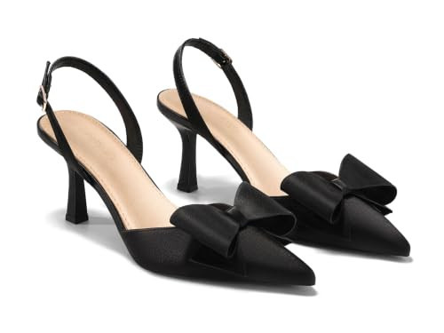Coutgo Womens Slingback Kitten Heels Bow Satin Closed Pointed Toe Pumps D'Orsay Slip On Wedding Dress Shoes, Black, Size 8.5 | Amazon (US)