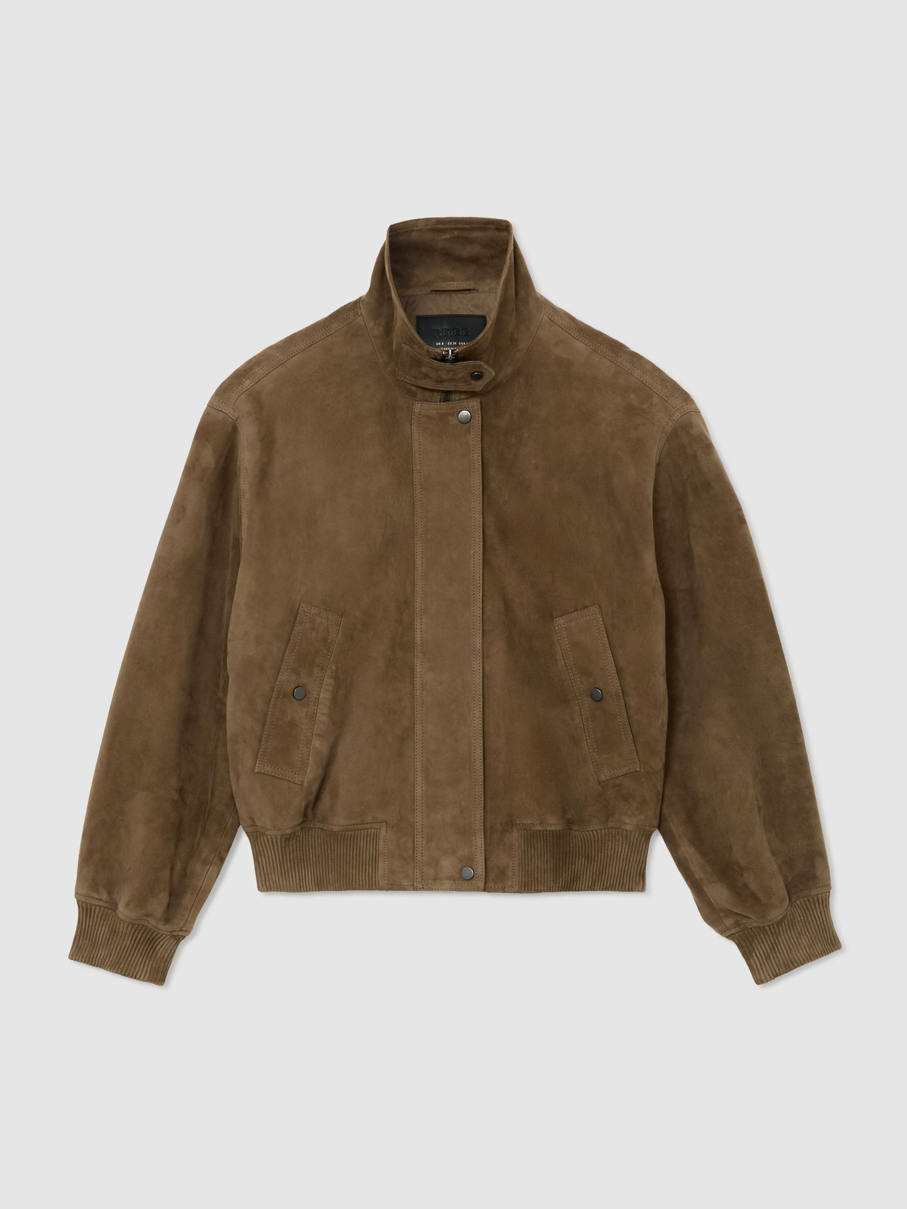 Reiss Petite Suede Funnel-Neck Bomber Jacket in Neutral | REISS | Reiss US