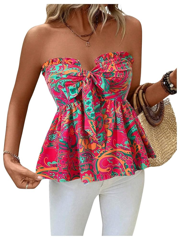 SOLY HUX Women's Tube Top Boho Floral Print Strapless Sleeveless Tie Front Ruffle Hem Summer Tops | Amazon (US)