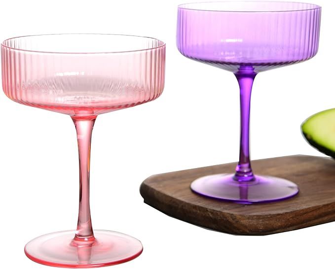 whatAmug Set of 2 Margarita Glass, Ribbed Martini Glass Set, Cocktail Coupe Glasses, Vintage Stem... | Amazon (US)