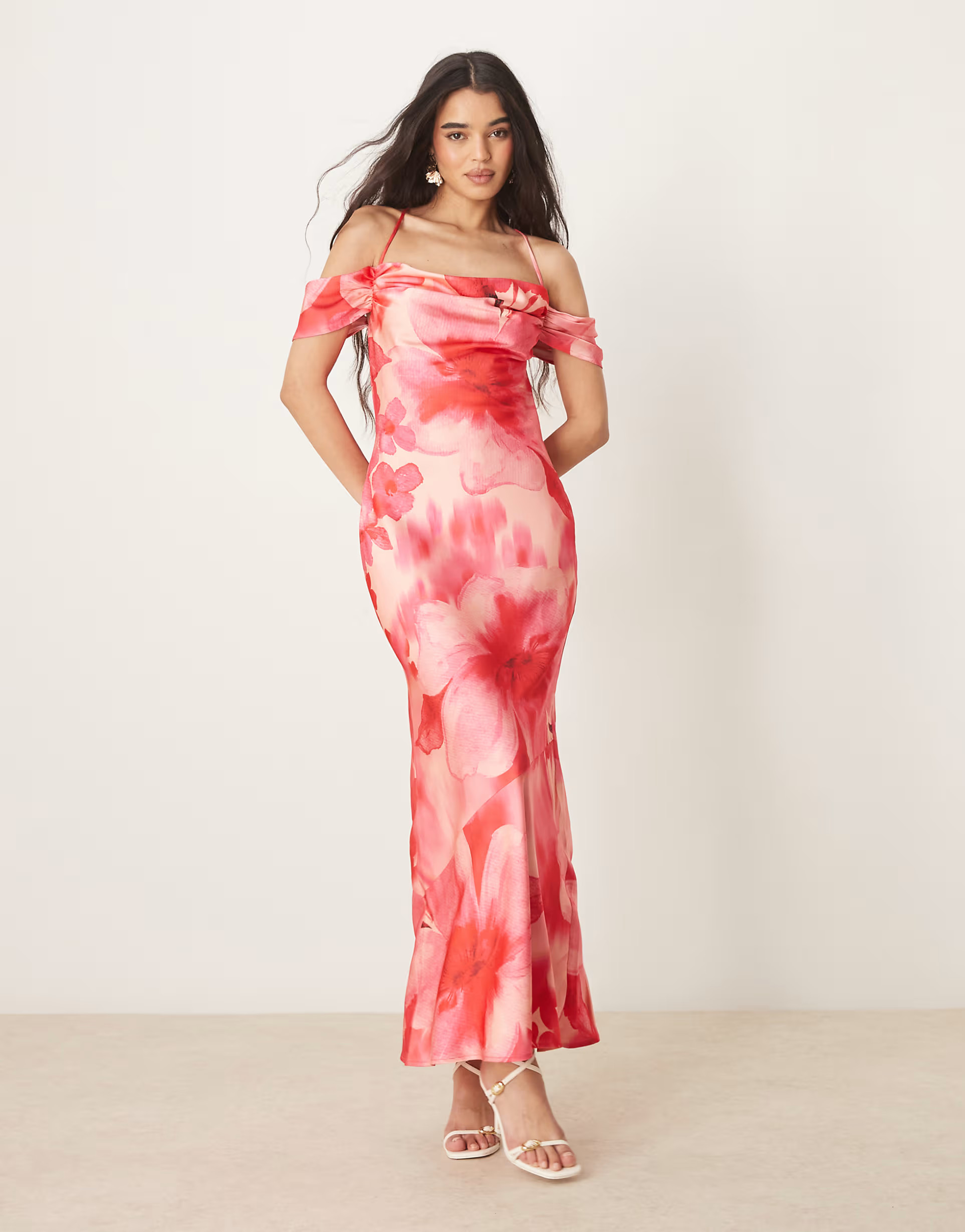 Pretty Lavish asymmetric cold shoulder slip maxi dress in pink and red floral | ASOS (Global)