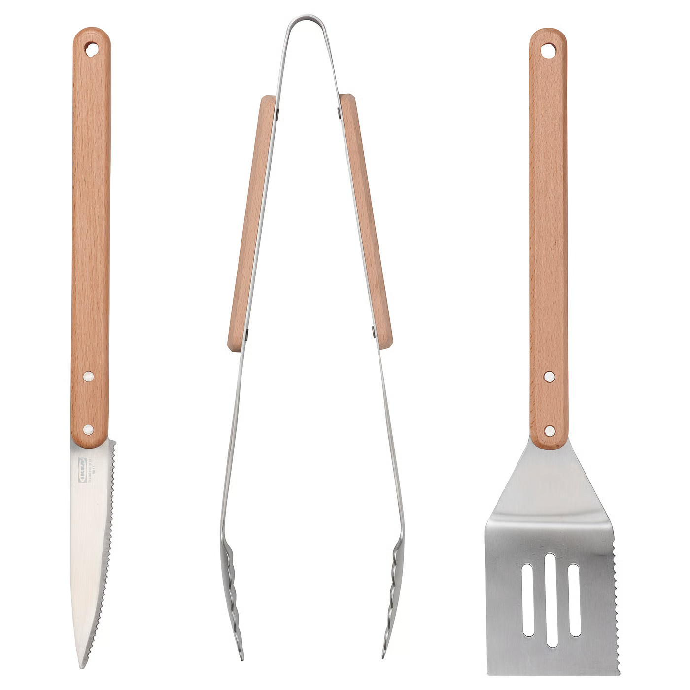 IKEA GRILLTIDER 3-piece barbecue tools set, stainless steel/beech | IKEA US
