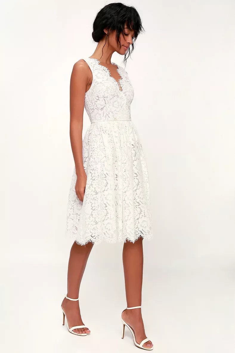 White lace 2024 midi skater dress