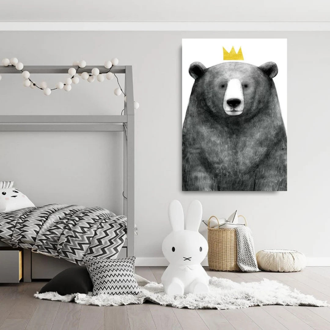 Bear Nursery Decor | Bear with Crown Canvas Print | Woodland Animal Art Print | Bedroom Wall Art | Etsy (US)