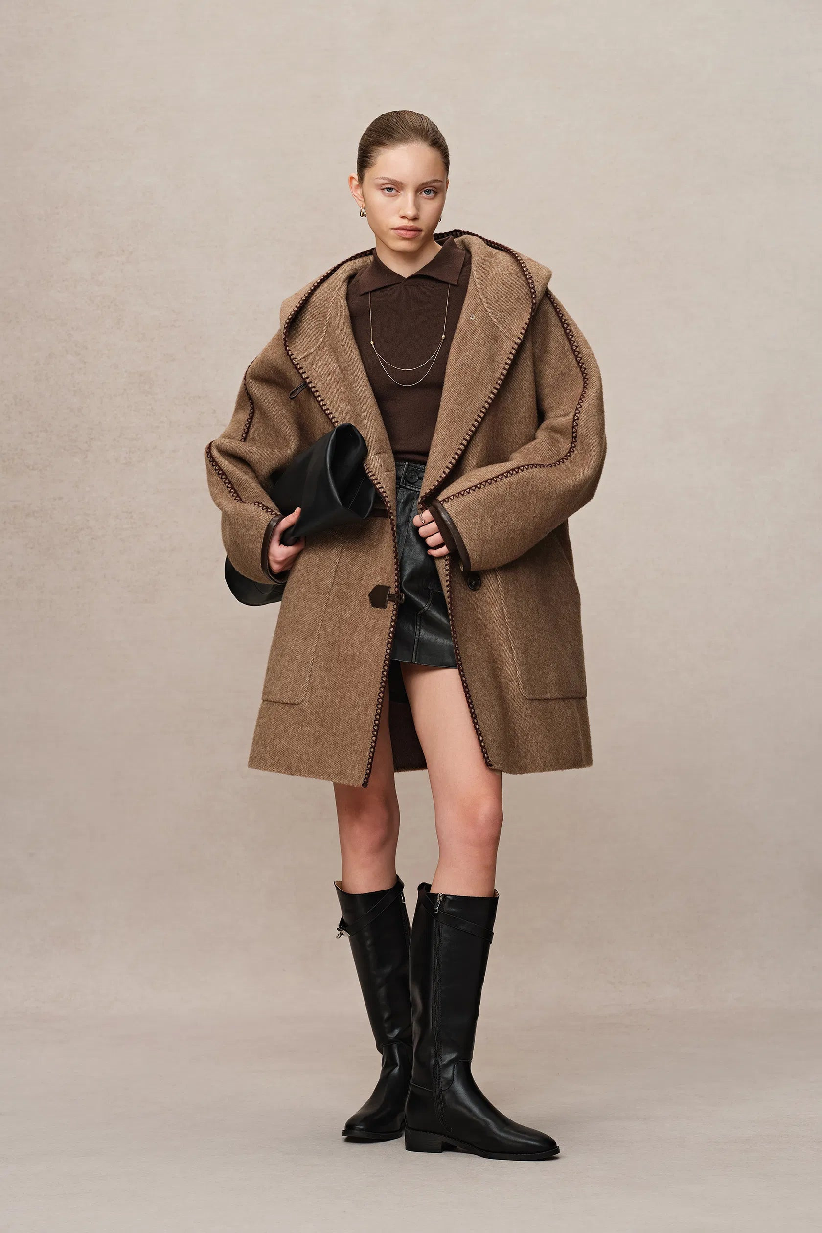 Paletot Inspired Overlock Stitch Hooded Coat in Merino Wool-Camel Hair | Fabrique