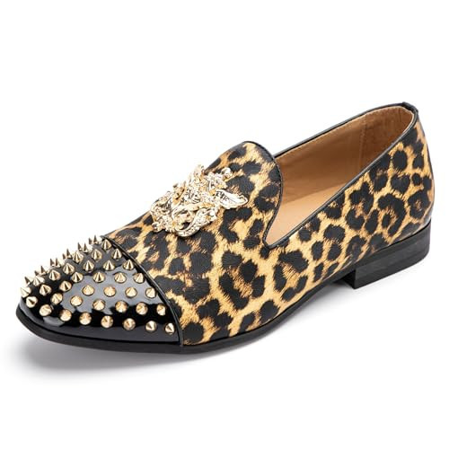 Meijiana Mens Leatherette Leopard Print Loafers Dress Shoes with Metal Embellishments Party Luxury Loafer Shoes, Brown-23, 9 US | Amazon (US)