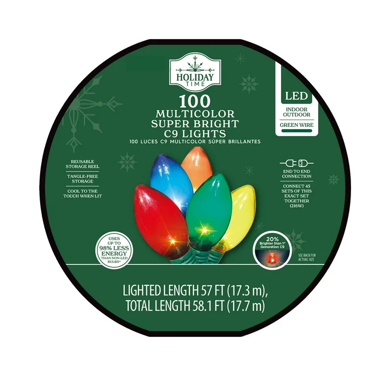 Indoor/Outdoor 100-Count LED Smooth C9 Christmas Lights, Multicolor, 57', Holiday Time - Walmart.... | Walmart (US)