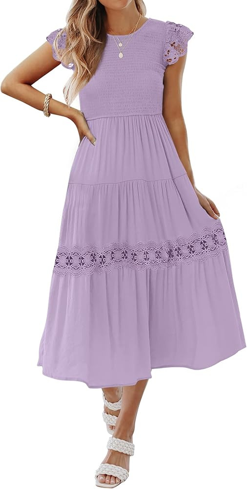 ZESICA Women's 2023 Casual Crew Neck Flutter Sleeve Smocked High Waist Hollow Out Lace Trim Tiere... | Amazon (US)