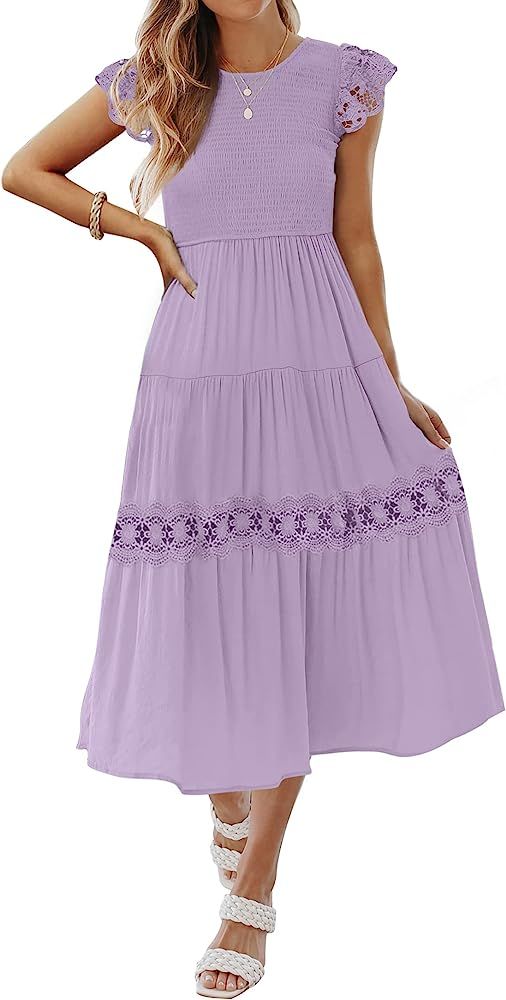 ZESICA Women's 2024 Casual Crew Neck Flutter Sleeve Smocked High Waist Hollow Out Lace Trim Tiere... | Amazon (US)