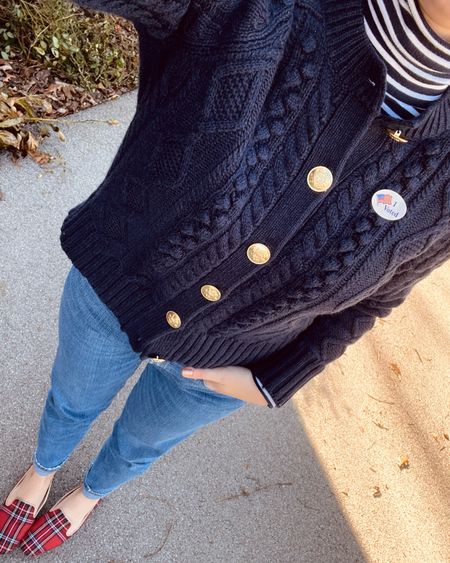 Did my patriotic duty, this morning, and broke out the festive plaid and cable knit! These plaid loafers have been a huge favorite, the last few years, and this cozy cardigan is 👌🏻 👌🏻 👌🏻 

#LTKHoliday #LTKstyletip #LTKshoecrush