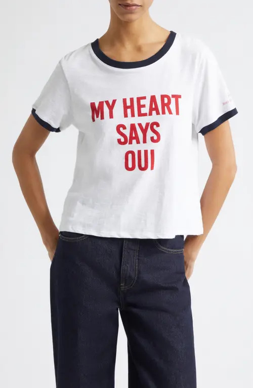 Cinq à Sept My Heart Says Oui Shrunken Cotton Graphic T-Shirt in White Multi at Nordstrom, Size Small | Nordstrom