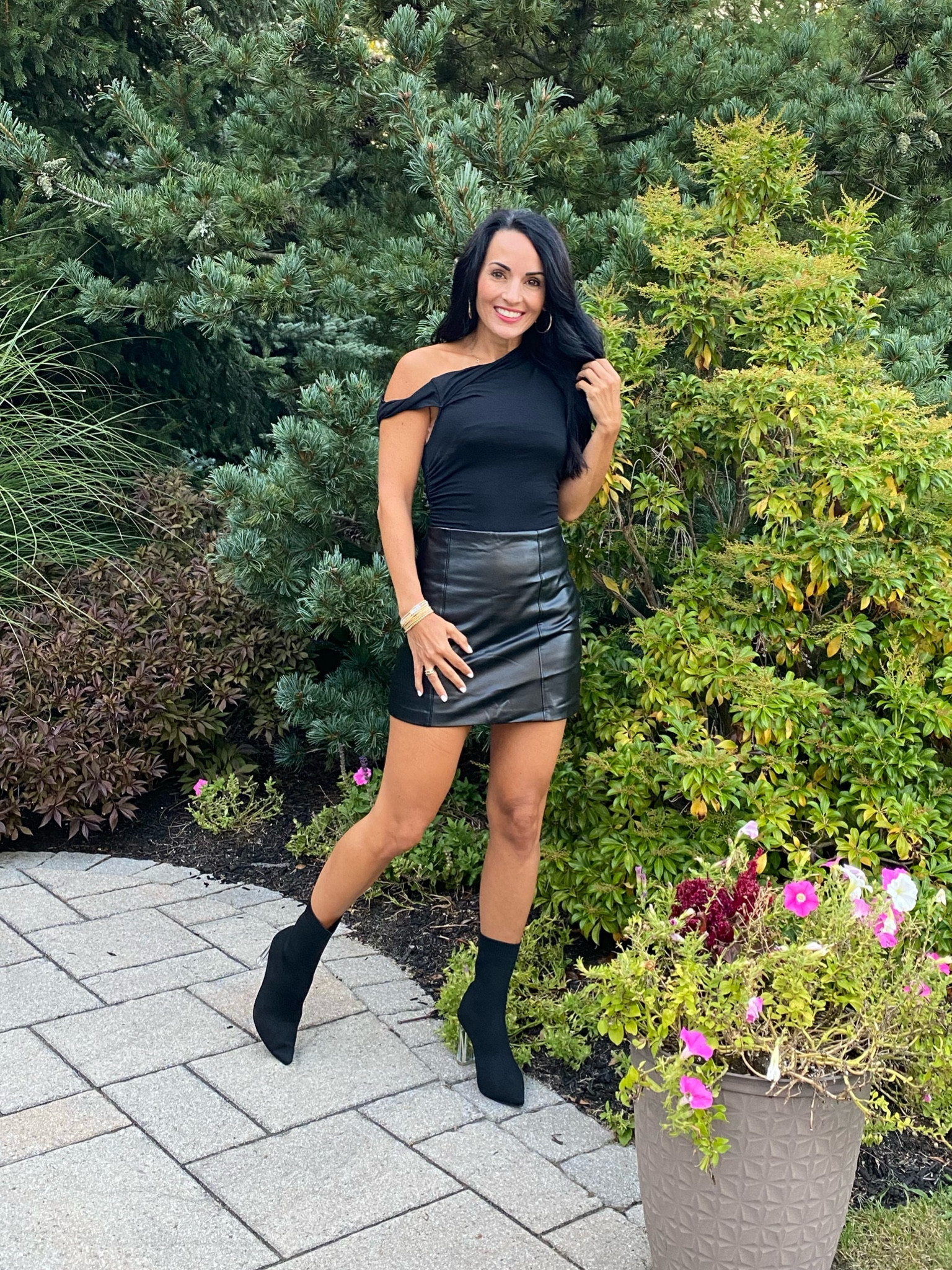 Sexy date night look 
Off the shoulder, bodysuit with black faux, leather skirts, and sock booties


#LTKunder50 #LTKsalealert #LTKstyletip