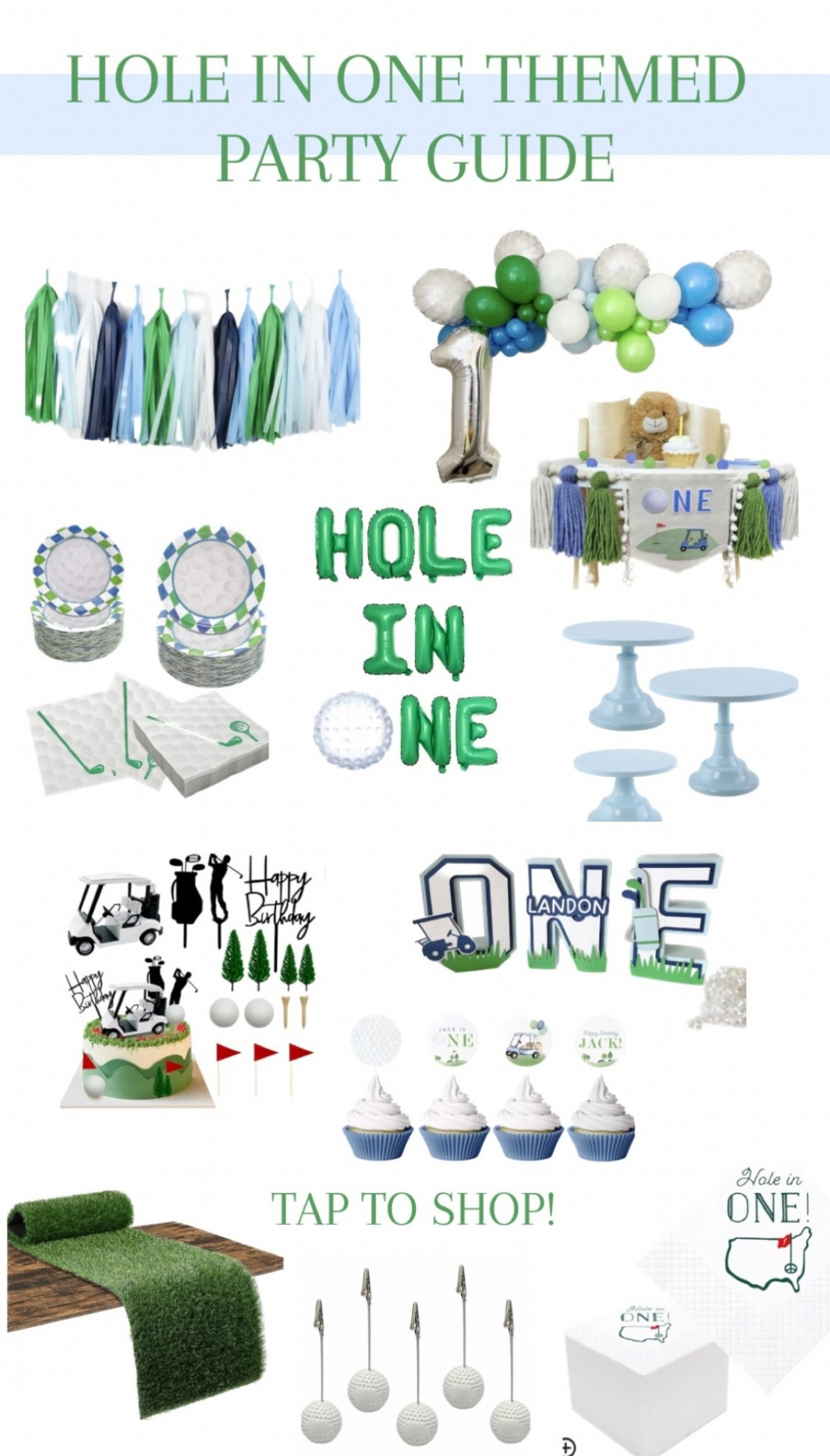 Hole in one golf themed party decorations⛳️💙💚 #golfthemedpartydecor #holeinonepartydecor #golfpartydecorations #amazonpartydecor #etsypartydecor #partyinspo #holeinonepartyguide 

#LTKparties #LTKfindsunder50