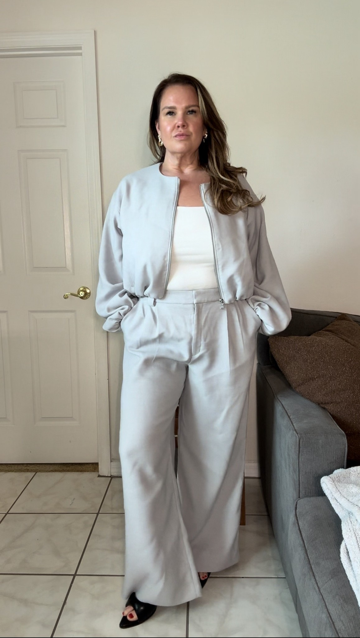 Loving this matching set from @Express! The fabric is so soft! 

Wearing a Med in the Jacket and 12 in the pants 

#LTKOver40 #LTKMidsize #LTKootd