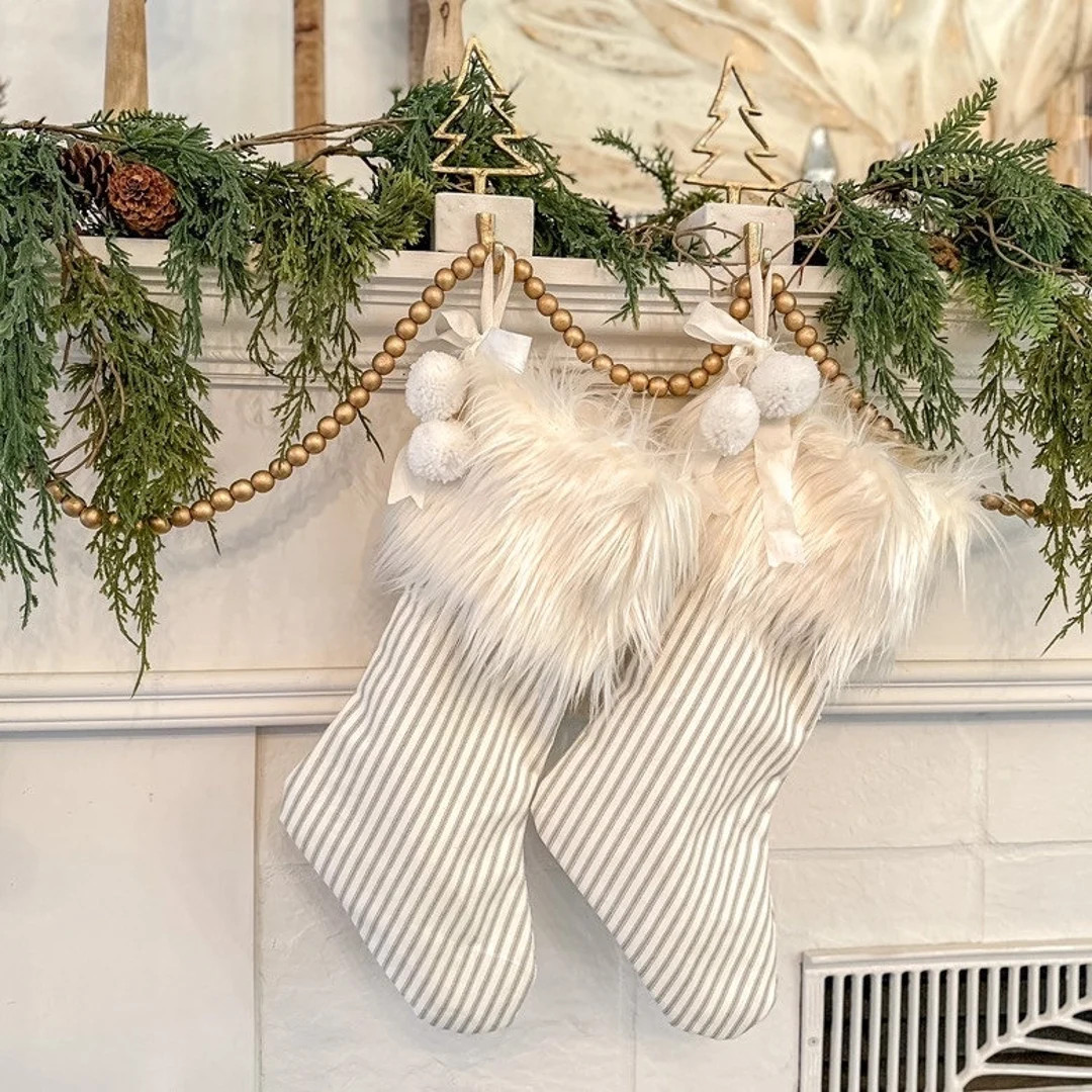 Brown Ticking Stripe Christmas Stockings/personalized Fur Trim - Etsy | Etsy (US)