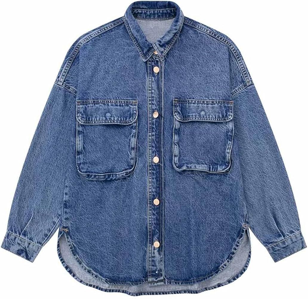 Women Patch Pocket Decoration Denim Shirt Coat Button-Up Female Outerwear Overshirt | Amazon (US)