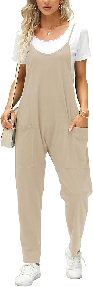 Fisoew Women's Summer Sleeveless Loose Casual V Neck Jumpsuits Spaghetti Strap Long Pants Baggy O... | Amazon (US)