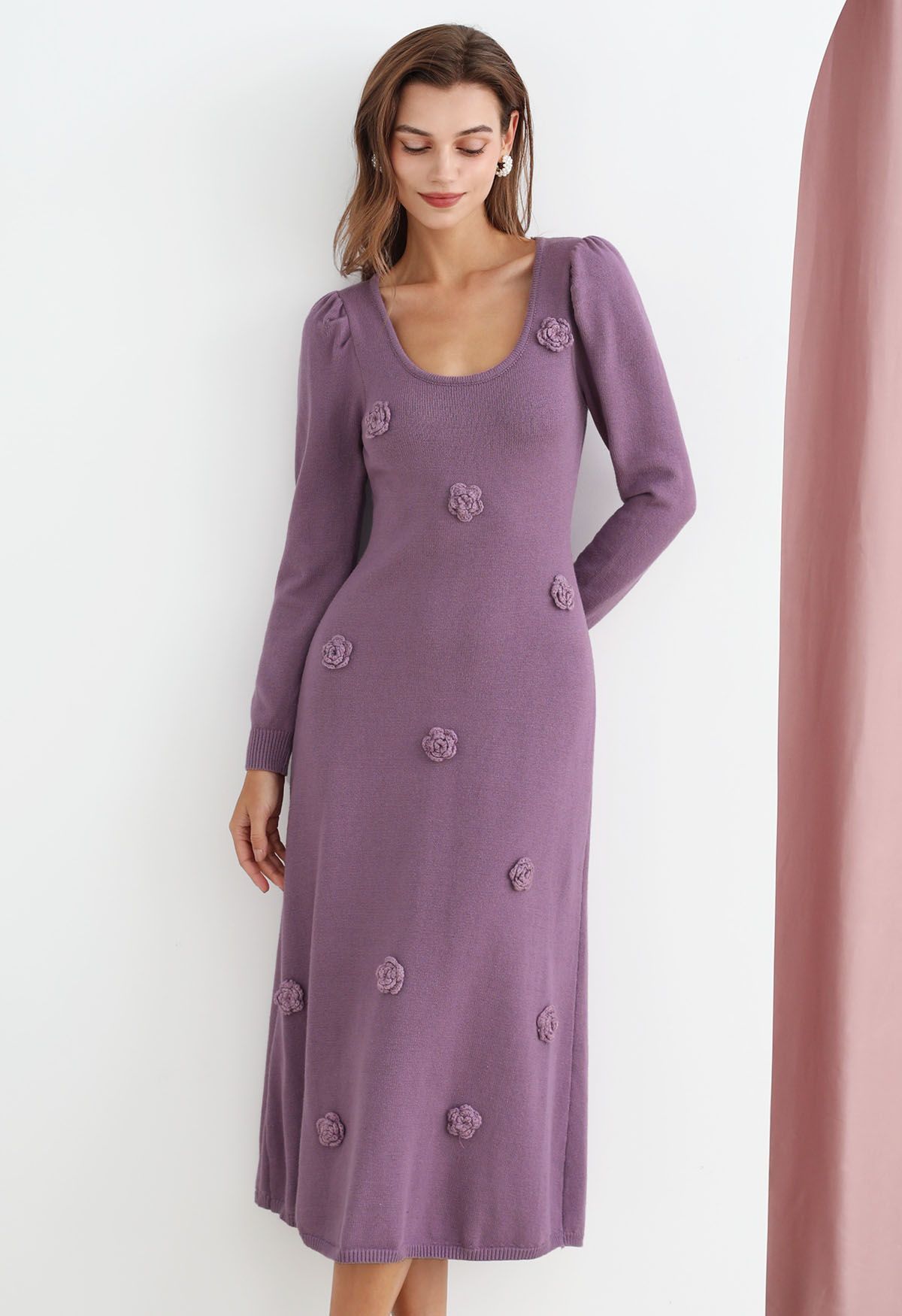 Scoop Neck Stitch Flower Knit Dress in Lilac | Chicwish