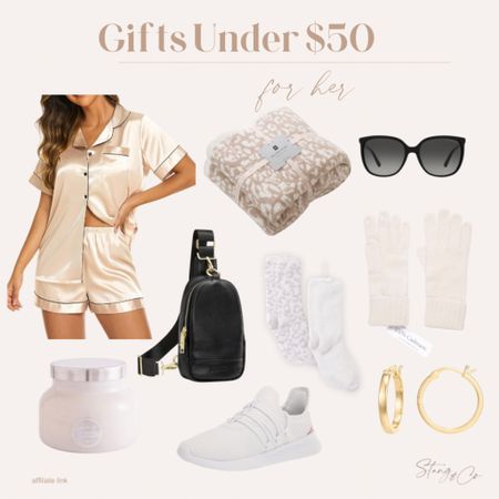 Here are some gift ideas for her - all under $50! They include a satin pajama set, a cozy blanket, Barefoot Dreams socks, Michael Kors sunglasses, cashmere gloves, a Capri Blue candle, Adidas sneakers, a leather sling bag, and gold plated earrings. 

Gift guide, gifts for her, gifts for mom, gifts under $50, Christmas gift ideas 

#LTKGiftGuide #LTKfindsunder50 #LTKstyletip