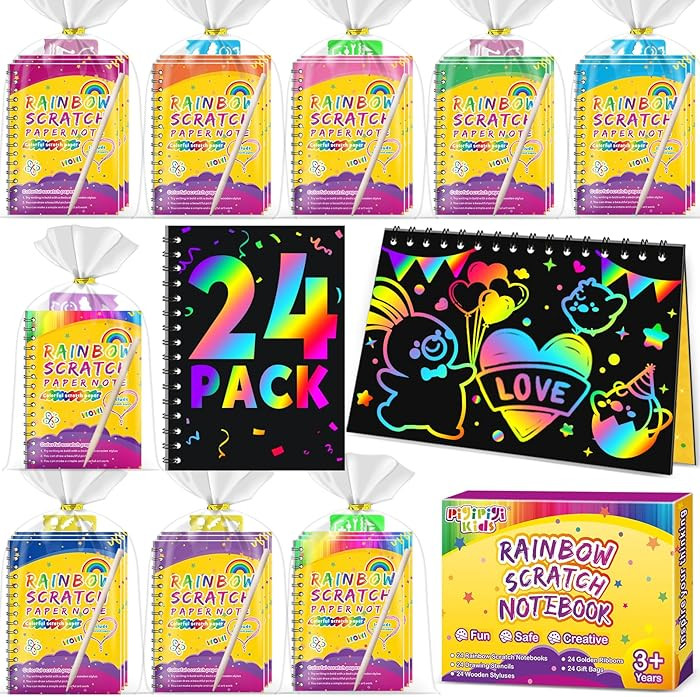 Party Favors for Kids 4-8-12: 24 Pack Scratch Rainbow Art Crafts Notebook, Coloring Book Goodie B... | Amazon (US)