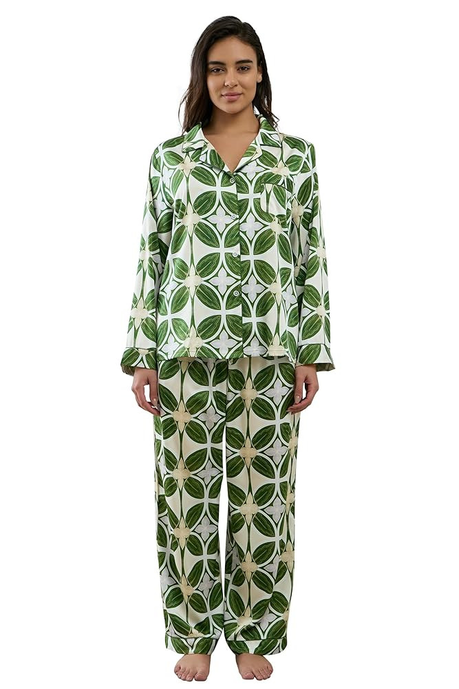 Womens Silk Satin Pajamas Set Button Down 2 Piece Pjs Long Sleeve Oversized Sleepwear with Pocket... | Amazon (US)