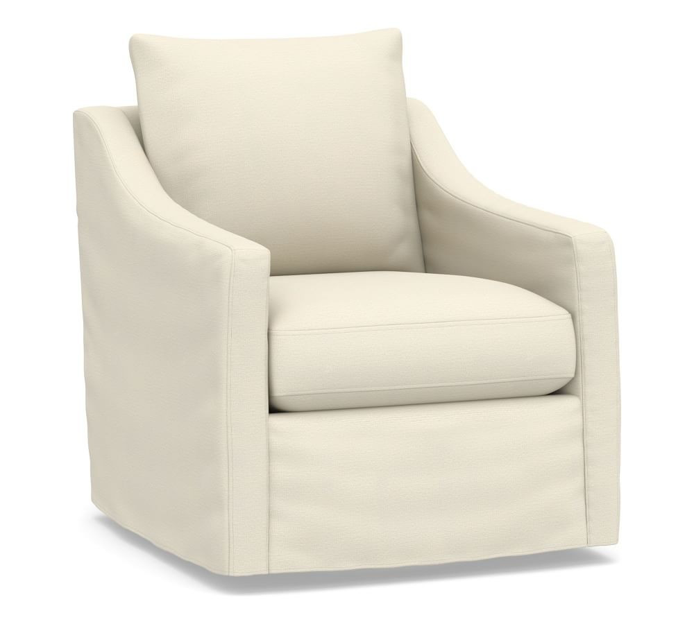 Ayden Slope Arm Slipcovered Swivel Glider, Polyester Wrapped Cushions, Park Weave Ivory | Pottery Barn (US)