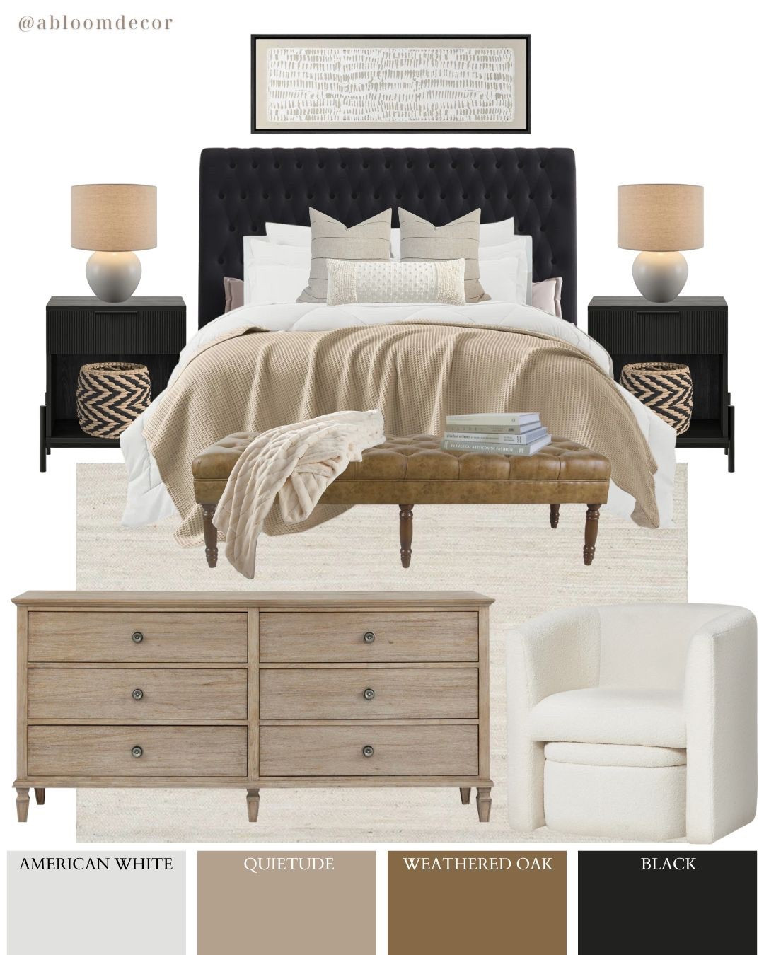 When I put this mood board together, I knew I wanted to create a bedroom that felt warm and neutral but still had a strong focal point.

That’s where the black headboard came in—it really grounds the space and makes all the cozy neutrals shine.

#LTKHome