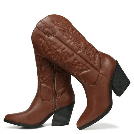 FAMITION Cowgirl Boots for Women Pointy Toe Women's Western Boots Cowboy Boots Pull On Mid Calf Chunky Heel Boots Brown 9 | Walmart (US)