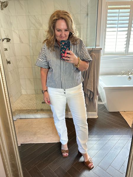 This is a great spring summer staple. 
Wearing a large. 
Jeans size 32. They are a big loose but good for a white denim. 
Sandals tts  

#LTKover40 #LTKmidsize #LTKfindsunder100