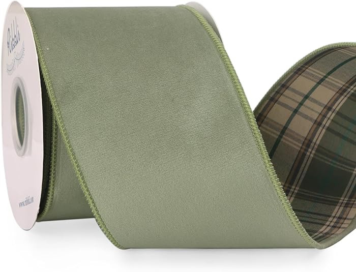 Ribbli Sage Green Velvet Wired Ribbon with Plaid Reversible 4 Inch Christmas Ribbon for Gift Wrap... | Amazon (US)