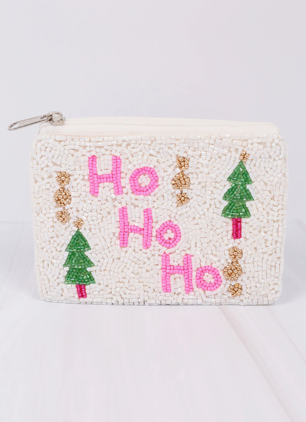 Ho Ho Ho White Beaded Tree Pouch | Caroline Hill